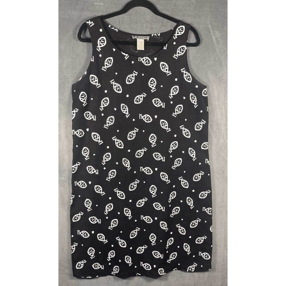 Soft As a Grape Cape Cod Tropical Fish 100% Linen Black Shift Dress Size Large